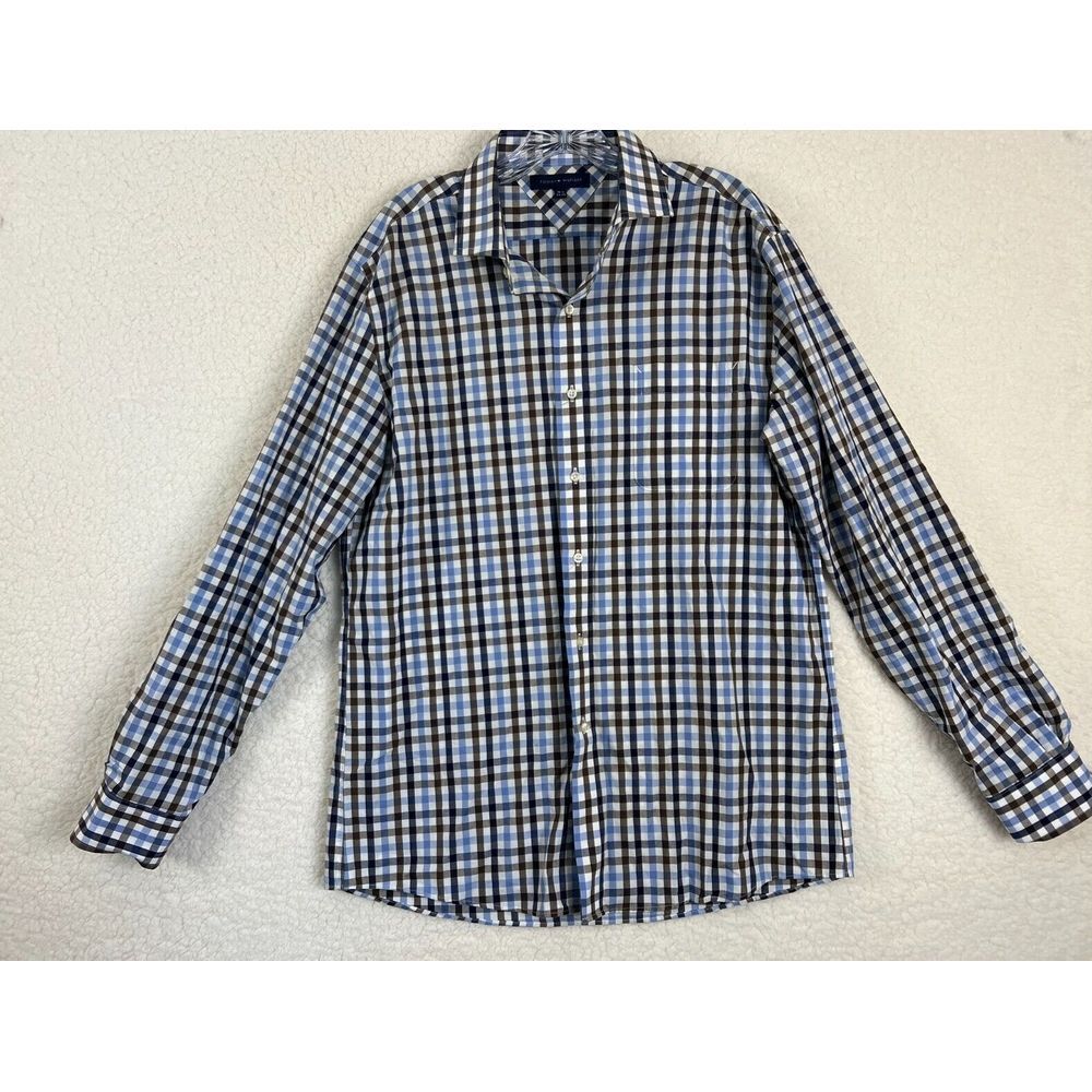 Tommy Hilfiger Shirt Mens‎ Large Button Up Long Sleeve Blue Plaid Slim Fit